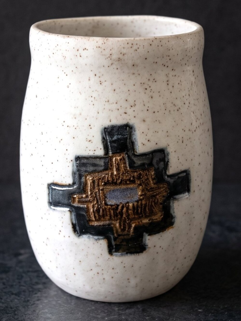 VTG Handmade Studio Pottery Mug Southwest Geometric Speckled Stoneware 4.75"